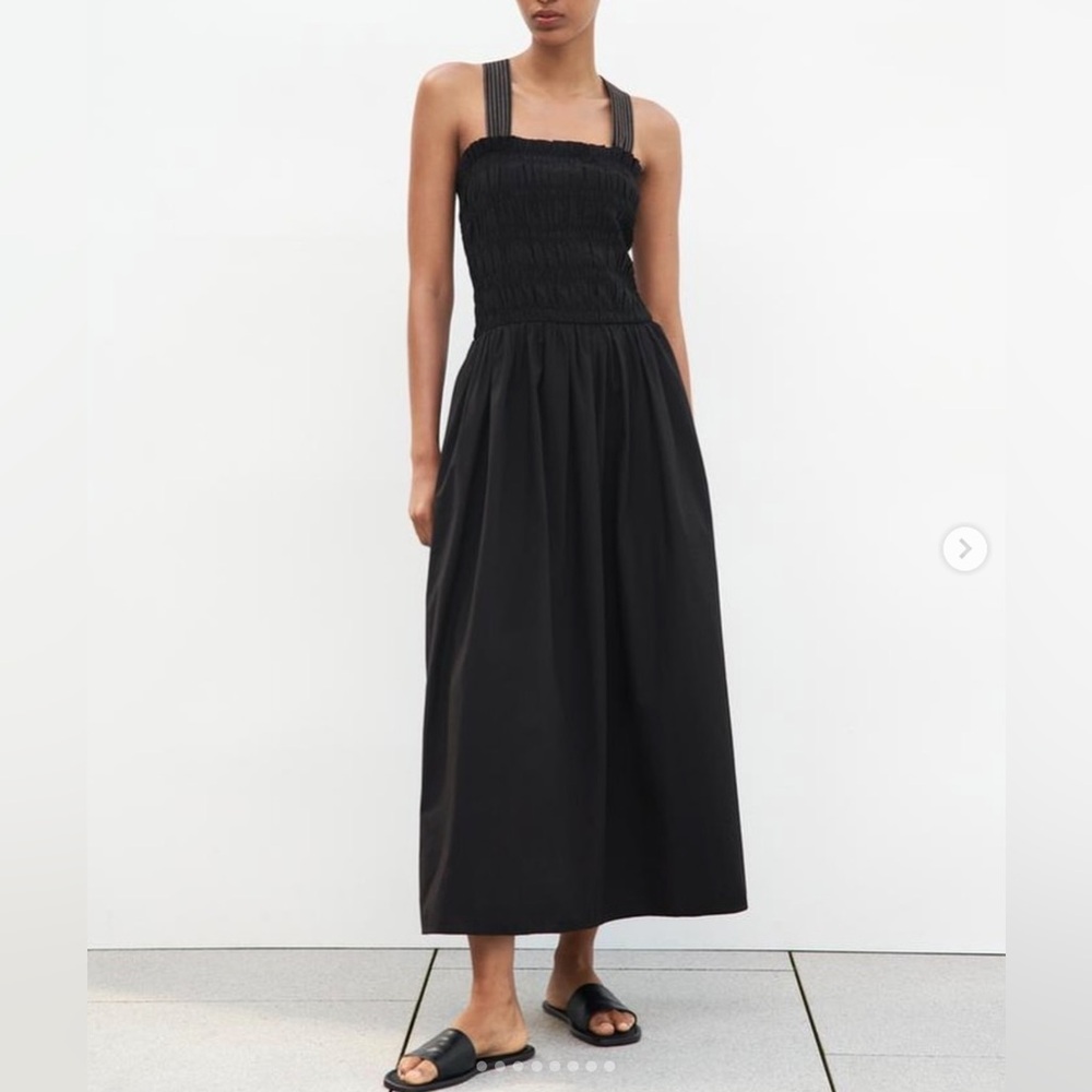 ZARA Topstitched Black Midi Dress with Pockets 100% Cotton Size M NWT - Picture 1 of 15